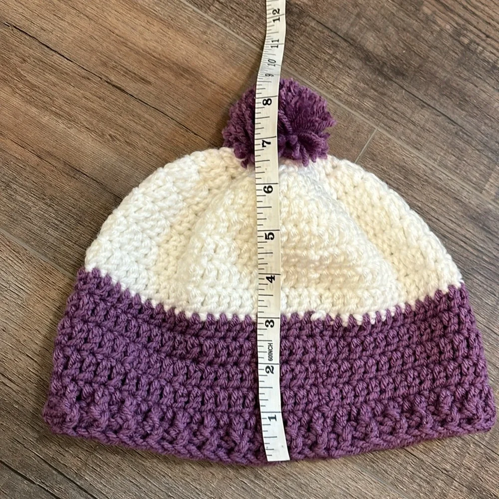 Handmade Child’s Crochet Beanie Hat‎ with Pom Pom in purple and white